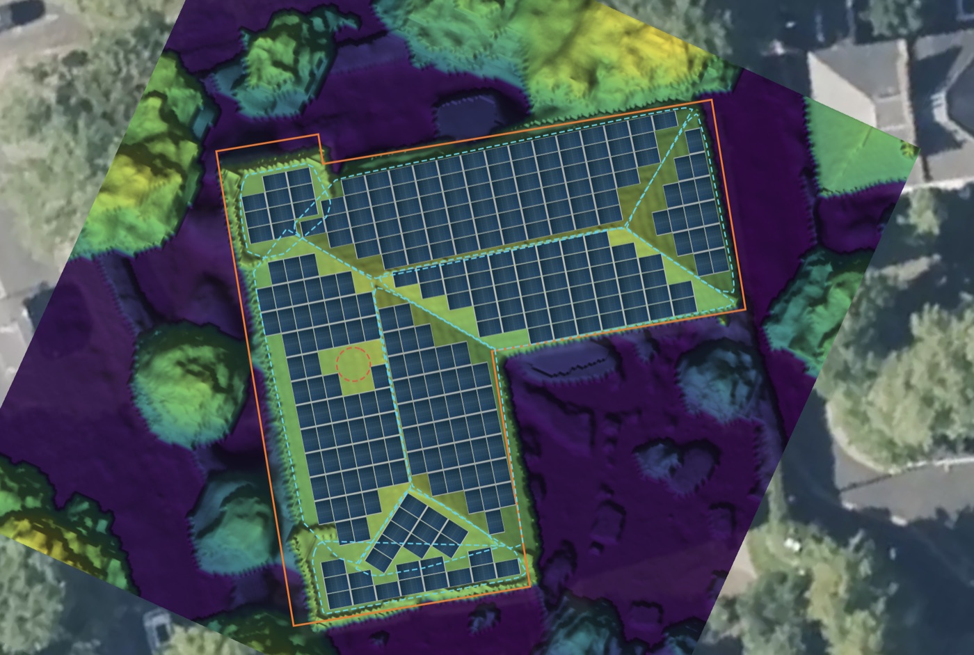 Top-down LiDAR elevation view in the Waveform panel dropper, showing a multi-wing roof with panel zones drawn in cyan and the building boundary in orange
