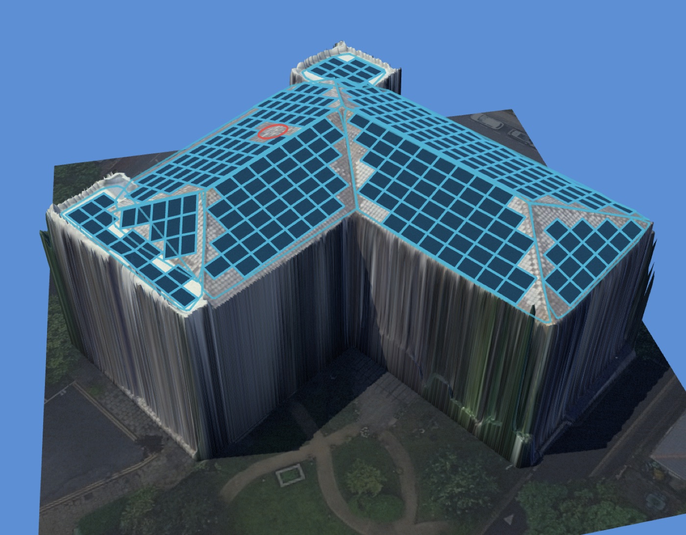 3D reconstruction of a multi-wing roof in the Waveform panel dropper, with solar panels placed across every roof plane